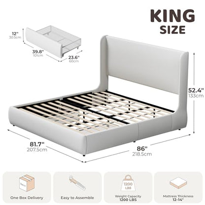 RECCI King Upholstered Wingback Bed Frame with Storage Drawers | 52” Tall Cushioned Headboard, Soft Edges, Low Profile Platform Bed, Sturdy Wood Slats, No Box Spring Needed