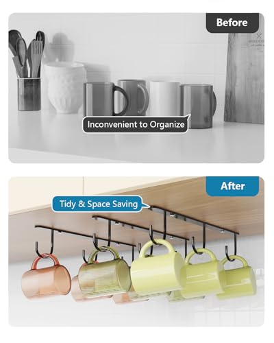 3 Pack Mug Hooks Under Cabinet with 9 Hooks for Displaying Mugs, Black | Coffee Mug Holder for Hanging Under Shelf, Cup Hanger, Coffee Cups and Kitchen Utensils - color: Black