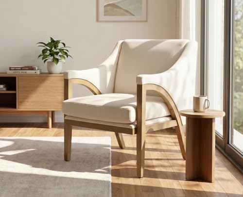 EALSON Modern Accent Chair Comfy Living Room Chair with Wooden Frame and Armrest Mid Century Upholstered Fabric Reading Lounge Armchair for Living Room/Bedroom/Reading/Balcony, Chenille White - color: White, size: Set of 1
