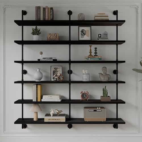 HDDFER Floating Shelves for Wall Living Room Shelves Bookshelf Industrial Pipe Shelving Shelf Real Wood Planks 60 inch Rustic Wall Shelves Hanging Bookshelves Farmhouse Kitchen Bar Shelving - color: Black, size: 6Tier60in