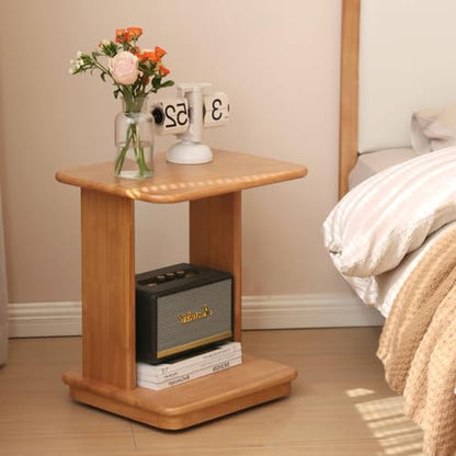 C Shaped End Table Set of 2, Solid Wood Side Table with Wheels, Natural Wood Nightstand, 2-Tier Wood Sofa Table Coffee Table for Living Room, Bedroom, Home Office(19.69" H) - color: Natural-19.69"h-2p