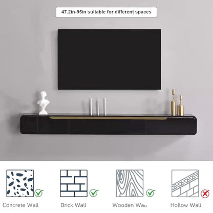 Solid Wood Floating TV Stand Wall Mounted, Black, 55" Wall Mounted Entertainment Center Console, Hanging tv Media Shelf for Living Room, Bedroom (DSGBLACK-A, 55IN) - color: Dsgblack-a, size: 55IN