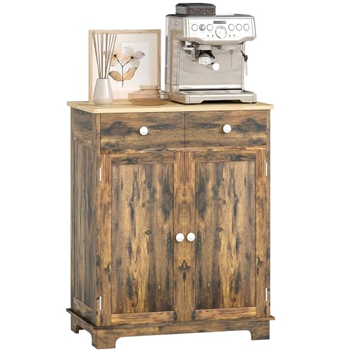 HOMCOM Sideboard Buffet Cabinet Solid Wood Countertop Rustic Brown | Modern Kitchen Storage, Coffee Bar Cabinet, 2 Drawers, Doors, Adjustable Shelf - color: Rustic Brown, size: 26.75" x 15.75" x 33.5"