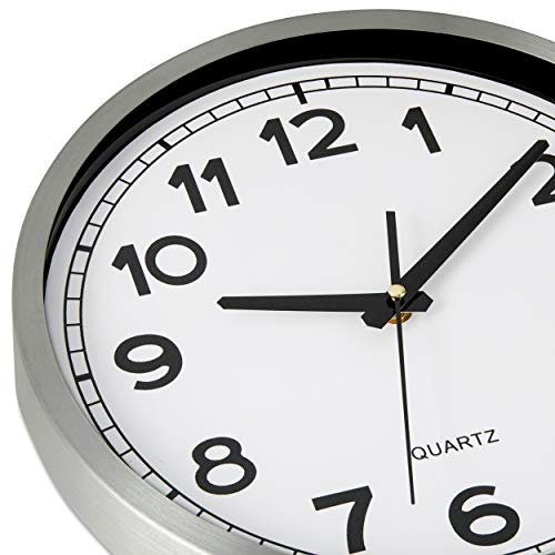 Bernhard Products Wall Clock Silent Non-Ticking Large 12" Silver Metal Frame Quartz Battery Operated Easy to Read Office Classroom Kitchen Living Room Bathroom Sweeping Clocks, Black Modern Numbers - style: Metal