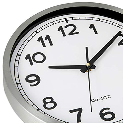 Bernhard Products Wall Clock Silent Non-Ticking Large 12" Silver Metal Frame Quartz Battery Operated Easy to Read Office Classroom Kitchen Living Room Bathroom Sweeping Clocks, Black Modern Numbers - style: Metal