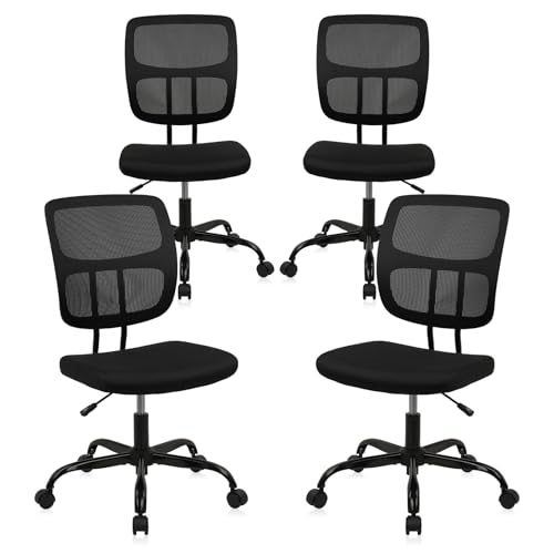 CLATINA Home Office Chair No Arms with Wheels, Adjustable Height Small Desk Chair, Ergonomic Mesh Rolling Work Swivel Chairs, 360 Swivel Computer Chair for Office, Reading Meeting Room 4PK(Black) - color: Black-sprain, size: 4 Pack