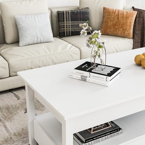 Panana Coffee Table, Lift Top Coffee Table with Hidden Compartment, 2 Drawers and 1 Open Shelf, Retro Central Wooden Table Lift Tabletop for Living Room (White) - color: White
