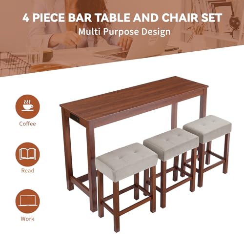 59" Dining Bar Table Set with Power Outlet, Behind Couch Sofa Table with 3 Padded Stools, 4 Piece Bar Table and Chairs Set for Living Room, Dining Room, Cherry - color: R3-cherry