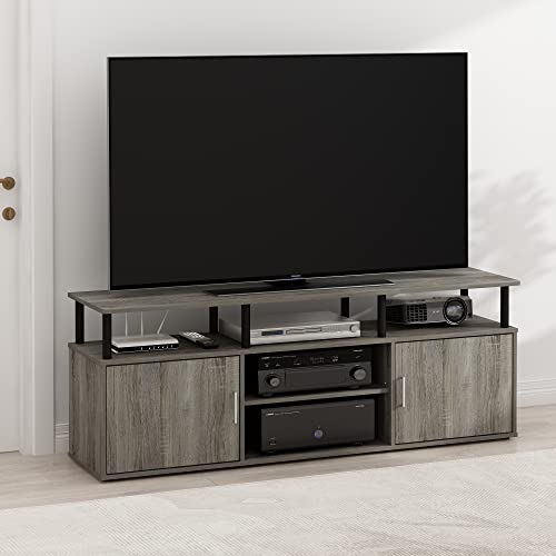 Furinno Jensen Entertainment Center Stand for TV up to 70 Inch, Plastic Pole, French Oak Grey/Black/Black - color: French Oak Grey/Black/Black