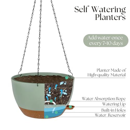 TYMENSH Hanging Plant Pots 12 Inch Set of 2, Self Watering Hanging Planters with Drainage Holes, Removable Saucer, Durable Plastic Flower Pots with Chains for Indoor Outdoor Plants, Green - color: Green