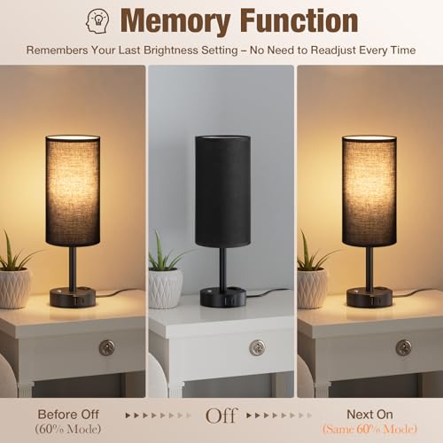 Black Touch Bedside Lamp for Bedroom, Stepless Dimmable, USB A+C, AC Outlet | Base Touch Button Only, Memory Brightness, Ultra-dim Night Light, Included Bulb for Optimal Dimming, Black Fabric Shade, Desk - color: Black & Black