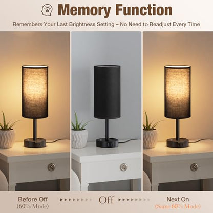 Black Touch Bedside Lamp for Bedroom, Stepless Dimmable, USB A+C, AC Outlet | Base Touch Button Only, Memory Brightness, Ultra-dim Night Light, Included Bulb for Optimal Dimming, Black Fabric Shade, Desk - color: Black & Black