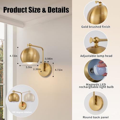 Powfloven Gold Battery Operated Wall Sconces Set of 2, Rechargeable Cordless Wall Light Fixture with Remote, Dimmable Wireless Battery Powered Wall Decor Lighting Lamp for Bedroom Living Room