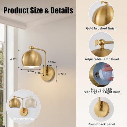 Powfloven Gold Battery Operated Wall Sconces Set of 2, Rechargeable Cordless Wall Light Fixture with Remote, Dimmable Wireless Battery Powered Wall Decor Lighting Lamp for Bedroom Living Room