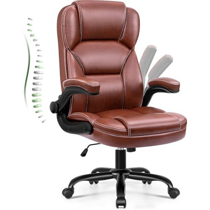 Leather Office Chair with Flip Up Arms, 360° Swivel Ergonomic Desk Chair with Wheels, Adjustable Height Computer Chair with Padded Seat for Home Office, Study,Gaming Room, Brown - color: Brown