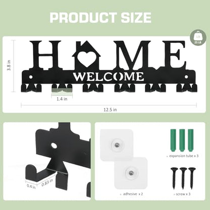 Key Holder Wall Mount, Adhesive Key Hanger with 12 Hooks, Black | Metal Material, 2 Mount Options, Compact Design, Cute Wall Decoration, Suit for Entryway, Doorway, Hallway, RV, Garage - style: 12 Hooks
