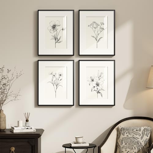 Framed Black and White Botanical Wall Art for Bathroom, 4 Piece 11x14 In | Minimalist floral wall decor, Vintage boho flower pictures, Plexiglass with mat prints, Living room office hallway decor - color: Black and White, size: 11" W x 14" H x 4 pcs
