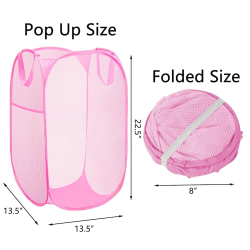 Portable Mesh Pop Up Laundry Hamper Reinforced Pink Vertical Collapsible Laundry Basket With Strong Handles for Easy Storage, Suitable for Bedroom, College Dorms, Travel, RV - color: Pink