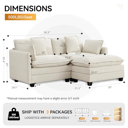 76'' Cloud Deep Seat Loveseat, Upholstered Chenille Modular 2-Seats Sectional Sofa Couch, Modern Comfy Settee Loveseat for Living Room Set, Small Apartment, Beige - color: Beige, size: 76'' L Shape