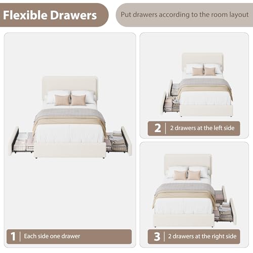 GarveeHome Bed Frame with 2 Storage Drawer, Cream Beige, Twin | Teddy Fleece Thick Upholstered Platform Bed Frame with Adjustable Headboard, No Box Spring Needed - size: Twin