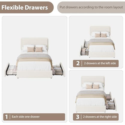 GarveeHome Bed Frame with 2 Storage Drawer, Cream Beige, Twin | Teddy Fleece Thick Upholstered Platform Bed Frame with Adjustable Headboard, No Box Spring Needed - size: Twin