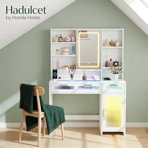 Hadulcet White Vanity Desk with Mirror and Lights, Makeup Vanity with Power Outlet & 10 Shelves, RGB LED Vanity with Drawers, 3 Modes Adjustable Brightness - color: White, size: 15.8"D x 42.9"W x 57.1"H