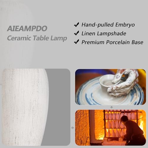 AIEAMPDO 21'' Set of 2 Rustic Ceramic Small Table Lamps for Bedroom | Farmhouse Vintage Nightstand Lamps for Living Room Office Entryway End Table, 2 Bulbs Included - color: Antique White
