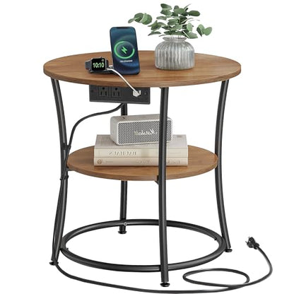 VASAGLE 21.7-Inch Round Side Table, 2-Tier End Table | Nightstand with Steel Frame, Spacious Top, for Small Spaces, Living Room, Bedroom, Honey Brown and Ink Black ULET077K02 - color: Honey Brown + Ink Black, style: With Power Strip