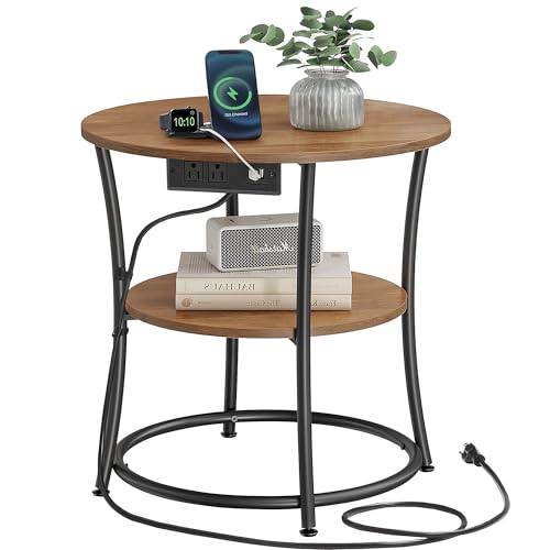 VASAGLE 21.7-Inch Round Side Table, 2-Tier End Table | Nightstand with Steel Frame, Spacious Top, for Small Spaces, Living Room, Bedroom, Honey Brown and Ink Black ULET077K02 - color: Honey Brown + Ink Black, style: With Power Strip