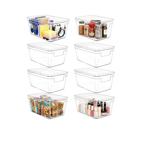 MOONEDGE 8-Pack 10x6x5 Stackable Small Clear Storage Bins with Lids | Plastic small item organizer containers with handles for vanity, craft, office, fridge, kitchen, pantry, bathroom and closet - size: 8 pack
