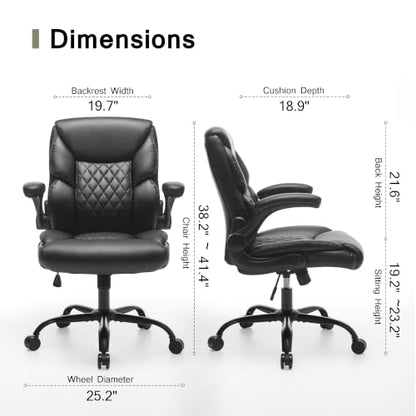 Leather Executive Office Chair - Comfy Black Desk Chair Small Space | Desk Chair with Mid Backrest,5 Wheels,Mid Backrest,Lumbar Support, Height Adjustable,home office reading Gaming Use - color: Black