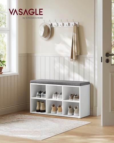 VASAGLE Shoe Bench with Cushion, Shoe Storage Bench with 6 Compartments and 3 Adjustable Shelves, Entryway Bench with Padded Seat, for Bedroom, Closet, Living Room, White ULHS23WT - color: White, style: Without Storage Box