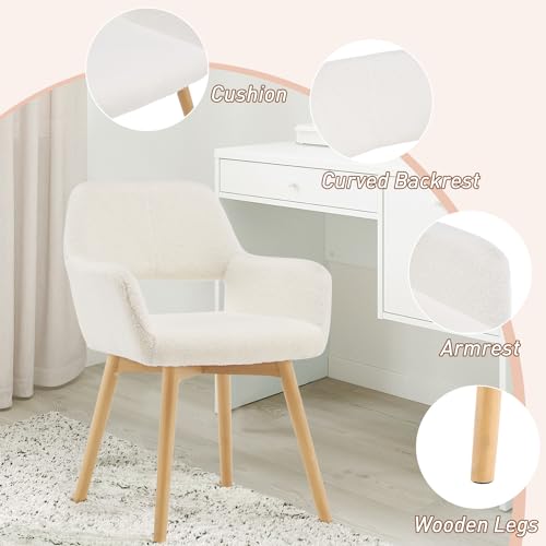 Desk Chair No Wheels Vanity Chair Makeup Chair Comfy Accent Chair for Living Dining Room Bedroom Home Office Mid Century Modern Upholstered Armchair Sofa with Wood Legs (Wool White, 1) - color: Wool White
