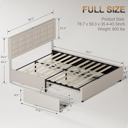 VECELO Full Size Bed Frame with 4 Drawers, Adjustable Tufted Button Headboard, Upholstered Platform with Wood Slats Support, Built-in USB and Type C Ports, Beige - color: Beige, size: Full, style: Bed Frame with Drawer