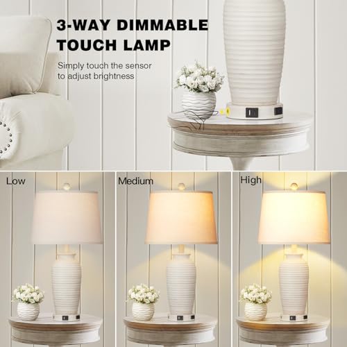 CINSARY 24.3" Farmhouse Jar Table Lamps Set of 2, 3 Way Touch Control Rustic Bedside Lamps with USB A+C Ports & AC Outlet, Pot Nightstand Lamps for Bedroom Living Room (LED Bulbs Included) - color: Cream