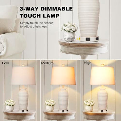 CINSARY 24.3" Farmhouse Jar Table Lamps Set of 2, 3 Way Touch Control Rustic Bedside Lamps with USB A+C Ports & AC Outlet, Pot Nightstand Lamps for Bedroom Living Room (LED Bulbs Included) - color: Cream