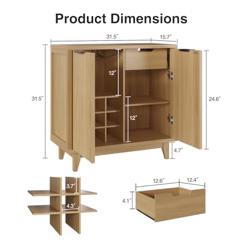 Fluted Coffee Bar Cabinet with Storage, Modern Sideboard Buffet Cabinet | Wine Cabinet with Removable Wine Rack, Drawer & Adjustable Shelf, Natural Liquor Cabinets for Living Room, Kitchen, Entryway - color: Wood Grain, size: Coffee Bar - 15.7"D x 31.5"W