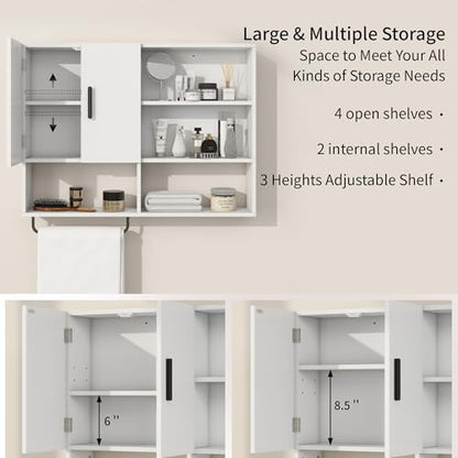 Bathroom Wall Cabinet with Towel Bar & 2 Doors, White - color: White