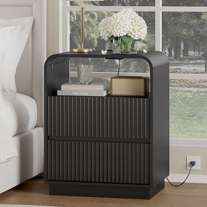 Black Nightstands Set of 2 with Charging Station, Mid Century Modern End Tables & Bedside Tables, Fluted Wood Small Night Stands with 2 Hidden Drawers and Storage Shelf for Bedroom - color: Black, style: 2 Drawers-2 PCS