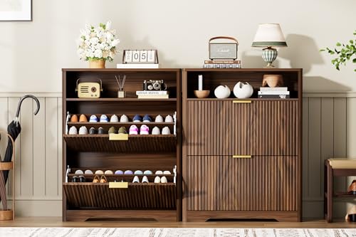 31" Fluted 2-Drawer Shoe Cabinet with Top Shelf, Narrow Entryway Organizer | Slim tipping bucket, gold handles, anti-tipping safety, holds 12-16 pairs, hallway storage, entryway accent table, 1 box - color: Walnut Color, size: 2