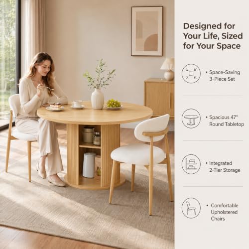 3-Piece Round Dining Table Set for 2-4, Walnut，47-Inch Farmhouse Kitchen Table with 2-Tier Storage Shelf and Two Beige upholstered Chairs for Apartments and Breakfast nooks (Natural) - color: Natural