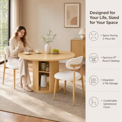 3-Piece Round Dining Table Set for 2-4, Walnut，47-Inch Farmhouse Kitchen Table with 2-Tier Storage Shelf and Two Beige upholstered Chairs for Apartments and Breakfast nooks (Natural) - color: Natural