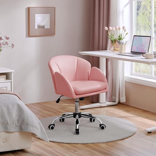 Yaheetech Simple Pink Petal Faux Leather Vanity Desk Chair, Swivel Wheels | Easy-clean faux leather cushioned seat fits makeup vanity, nail salon or office desks; adjustable height, swivel, fast setup. - color: Simple Pink