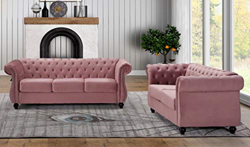 GDFStudio 82.6" Velvet Sofa Set, Modern Living Room Couch Set, Upholstered Sofa Loveseat Chair Set, Chesterfield with Button Tufted Back Rolled Arms Wood Tapered Feet for Apartment Living Room, Rose - color: Rose, size: 3+2+1 Seat