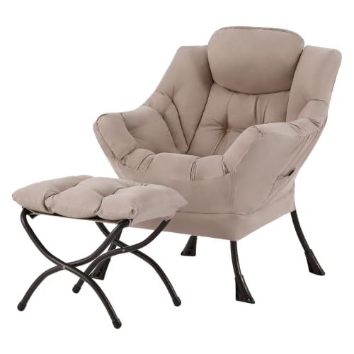 Welnow Lazy Chair with Ottoman, Reading Chair with Footrest，Khaki | A Side Pocket,Armrests,Foldable Footrest,Thick Cushioned Seat & Backrest, Lounge Chair for Bedroom,Living Room & Small Space - color: Khaki