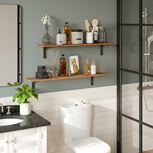 Long Wall Shelves, 39.4Inch Wooden Wall Mounted Shelves, Set of 4 | Large Floating Book Shelf, Metal Brackets, Easy Assembly, Max Load 33lbs, Wall Storage Ledges, Bedroom/Bathroom, Rustic Brown - color: Rustic Brown, size: 39.4 Inch (4 Pack)