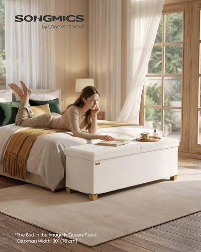SONGMICS Storage Ottoman Bench with Legs, Folding Ottoman Foot Rest with Flipping Lid, Bench with Storage, for Living Room, Bedroom, Entryway, Teddy Fleece, 43.3 Inches, Cream White ULSF081WD01 - color: Cream White, style: with Flipping Lid