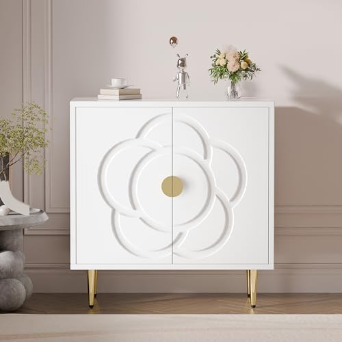 Storage Cabinet, Modern Cabinet with Decorative Flower Pattern Doors, Accent Sideboard Buffet Cabinet for Hallway, Living Room, Kitchen, White - color: White