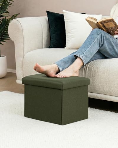 PINPLUS Flat Top Folding Linen Storage Ottoman 16.5", 36L Collapsible Storage Cube with Lid, 250 lbs Load Capacity, Fabric Foot Rest Seat for Living Room, Bedroom, Closet,Olive - color: Olive Green