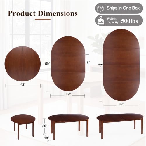 HNY Extendable Dining Table Round to Oval for 4-8, 42"-77" Oak Veneer Kitchen Table with Sturdy Legs, Modern Farmhouse Expandable Dining Room Table for Family Gatherings & Small Apartments, Walnut - color: Wanult